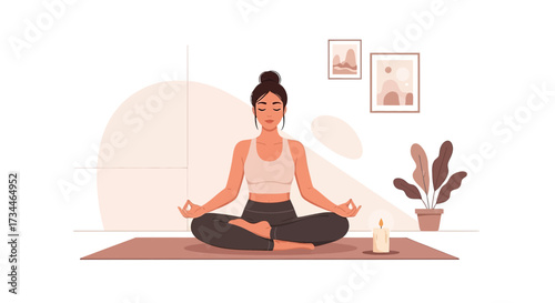 Illustration of woman meditating in lotus position for calm and mindful wellness