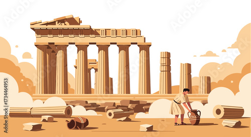 Illustration of the Parthenon with a man tending to a vase in an ancient setting