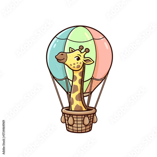 Whimsical Giraffe Hot Air Balloon Mascot Logo – Playful Pastel Cartoon Design on White Background