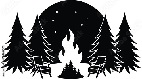 Cozy campfire scene with adirondack chairs and silhouette of pine trees
