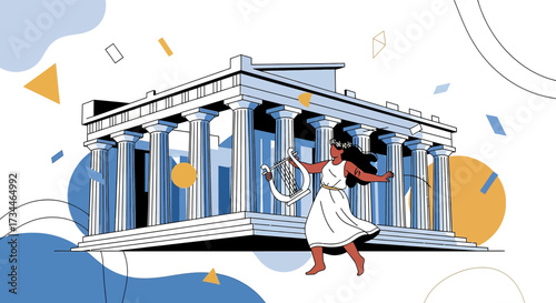 Illustration showcasing the Parthenon with a muse playing a lyre in a modern flat design style