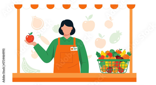 Illustration showcasing a vendor at a vibrant farmers market stall displaying fresh produce and