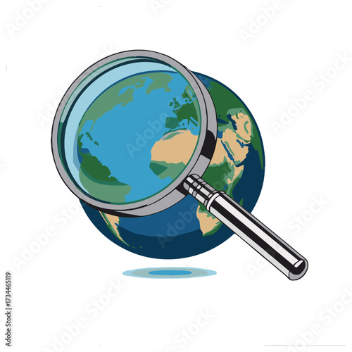 Magnifying glass over a globe ? research and global search.