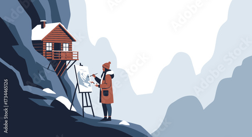 Illustrative depiction of an artist painting in a snowy mountain landscape near a cabin