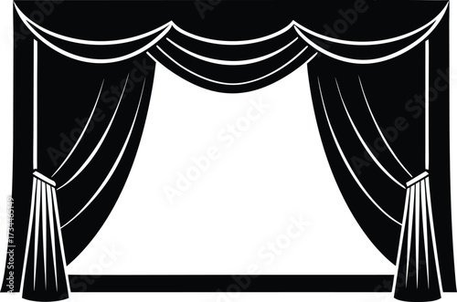 drawing of stage curtains opening to reveal an empty space or backdrop for performance