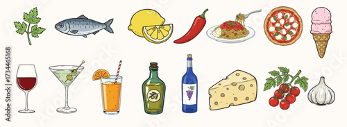 Hand-Drawn Italian Food and Drink Icon Set – Vector Doodle Style Elements