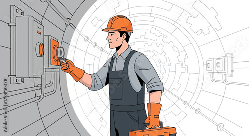 Illustrative depiction of an electrician troubleshooting electrical systems in an industrial