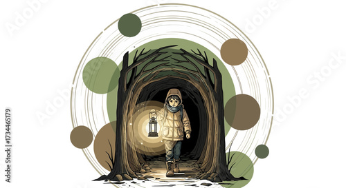 Illustrative depiction of a young explorer venturing through a dark forest passage with a lantern,