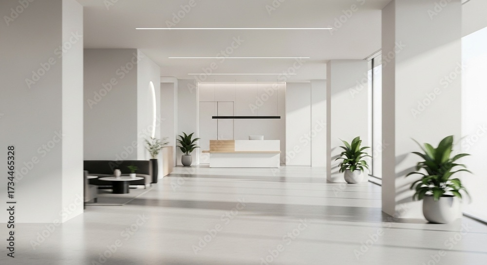 Fototapeta premium Modern Minimalist Office Interior Space with Reception and Seating Area