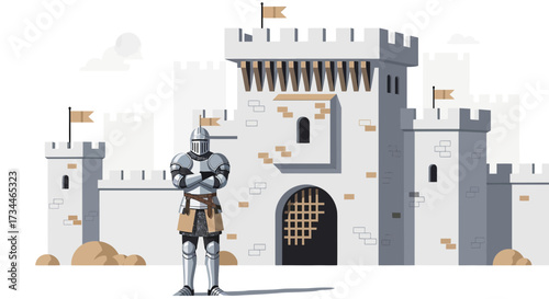 Illustrative knight guarding a medieval castle with sturdy architecture and flags waving in the wind