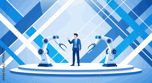 Innovative technology showcasing automation with robotic arms and a presenter on stage