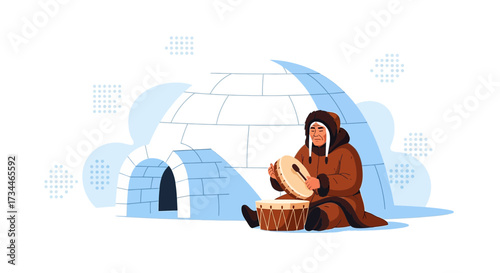 Inuit man playing traditional drum near igloo, showcasing arctic culture and heritage