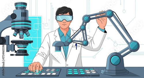 Innovative researcher conducting experiment with robotic arm and microscope in laboratory