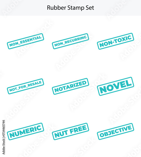 Rubber Stamp Seals Featuring Varied Text in Turquoise Frames on White Texture