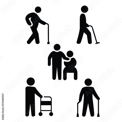 Essential solid black icon set for elderly care and senior assistance, featuring canes, a walker, and a caregiver providing support.