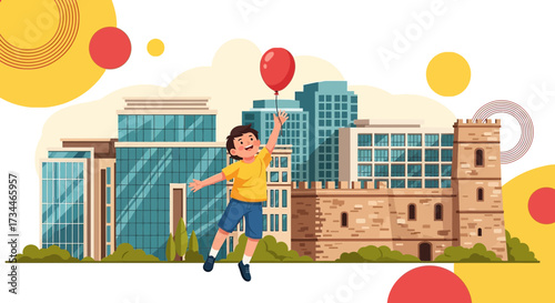 Joyful child soaring high with a red balloon against a vibrant cityscape backdrop illustration