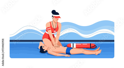 Lifeguard Performing CPR on a Man by the Poolside Illustration with Emergency Equipment