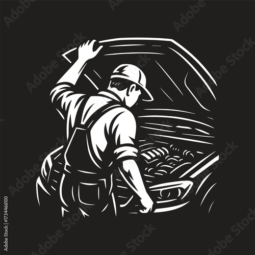 black and white vector illustration of a mechanic opening a car hood and observing the car engine