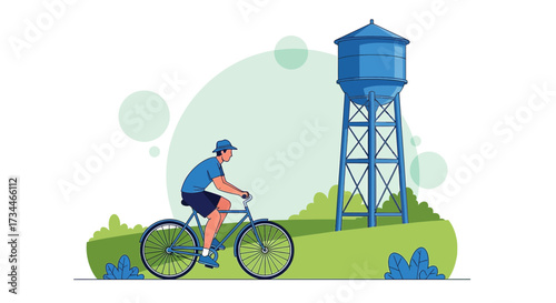 Man Cycling Past a Water Tower: An Active Lifestyle in a Rural Landscape Depicted in Illustration