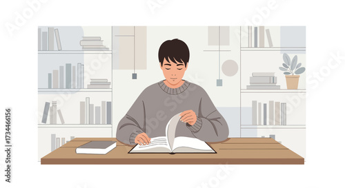 Man engrossed in reading a book at a desk with a bookshelf background illustration