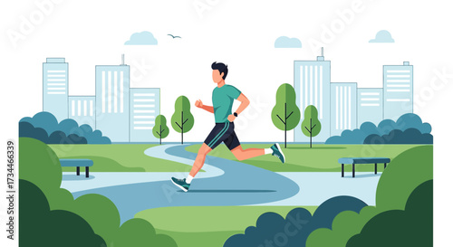 Man jogging in a city park on a bright day for exercise and recreation activity promoting healthy