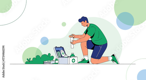Man prepares first aid kit for outdoor activities ensuring safety and preparedness