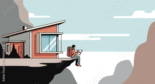 Man sketching on cliffside near modern house, capturing landscape and architectural beauty in nature
