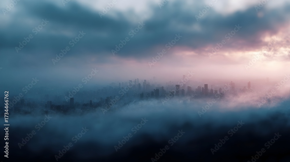 Fototapeta premium Urban skyline obscured by dense fog during a soft atmospheric sunrise
