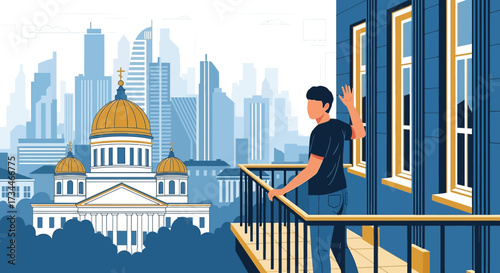 Man waves from balcony overlooking urban cityscape and cathedral architecture illustration