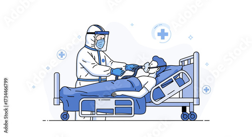 Medical professional in protective suit caring for patient with respiratory support illustration