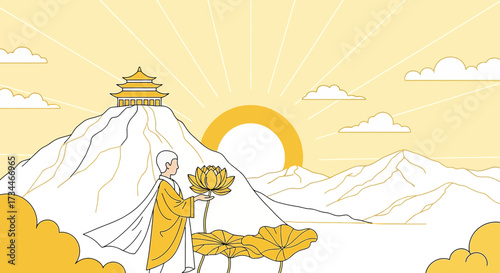 Minimalist illustration of a monk holding a lotus flower with a temple and sun backdrop