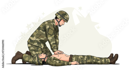 Military medic performing cpr on fallen soldier during combat situation illustration depicting
