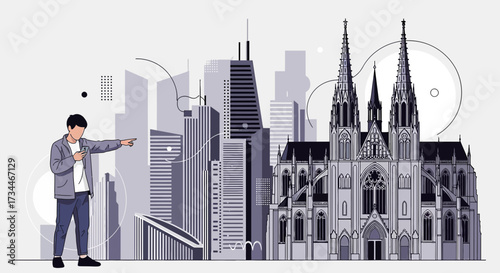 Modern Cityscape Illustration: A Man Navigating with a Phone in an Urban Architectural Setting