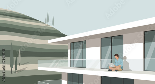 Modern Villa Balcony View: A Man Working Remotely with Scenic Landscape and Serene Vibe