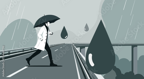 Monochromatic rainy day illustration of a person walking with an umbrella on a road