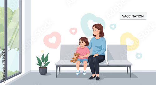 Mother and Daughter in Vaccination Waiting Room with Heart Decorations on the Wall