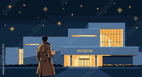 Night at the museum, a stylized illustration capturing the essence of an evening visit under a