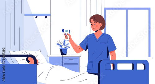 Nurse checking patient's temperature with contactless thermometer in hospital room