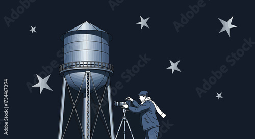 Night photographer captures the magic of a water tower under the starry sky illustration
