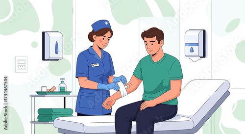 Nurse Providing First Aid to a Patient in a Clinic Setting with Modern Medical Equipment