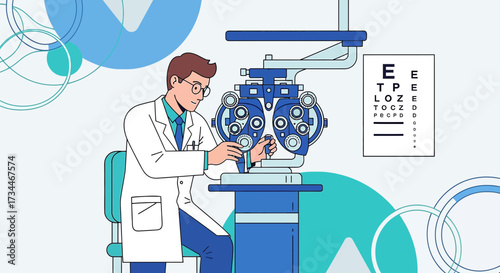 Optometrist examining patient eyesight with phoropter and eye chart illustration