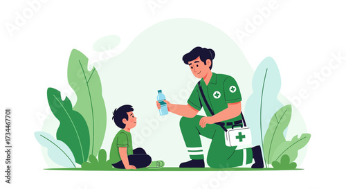 Paramedic offering water to child in outdoor setting, health care and assistance