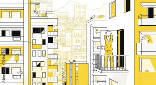 Person Stretching on Balcony with Urban View: A Vibrant Slice of City Life Depicted in