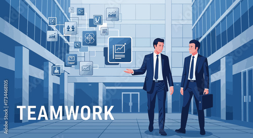 Professional business teamwork concept with technology integration and stylish design illustration