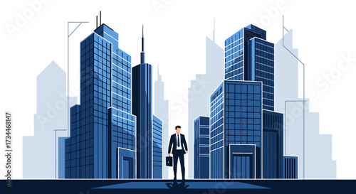 Professional businessman standing in a futuristic city of towering skyscrapers illustration