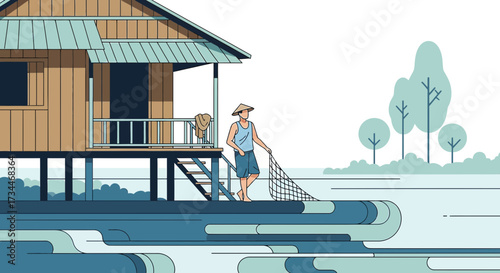 Scenic illustration of a traditional stilt house and fisherman with net in a tranquil landscape