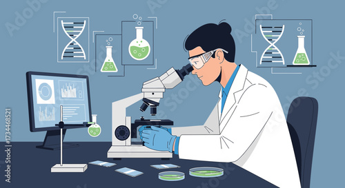 Scientist using microscope for research with dna strands and chemical compounds illustration
