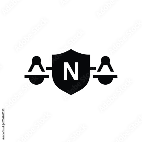 Symbolic representation of justice with balanced scales and a shield featuring a prominent letter N in a minimalist design