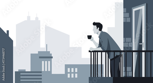 Serene morning coffee a man contemplating the city skyline from his balcony view