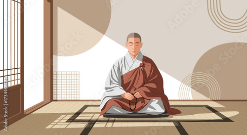 Serene Monk Meditating in Traditional Japanese Room, Finding Inner Peace and Contemplation
